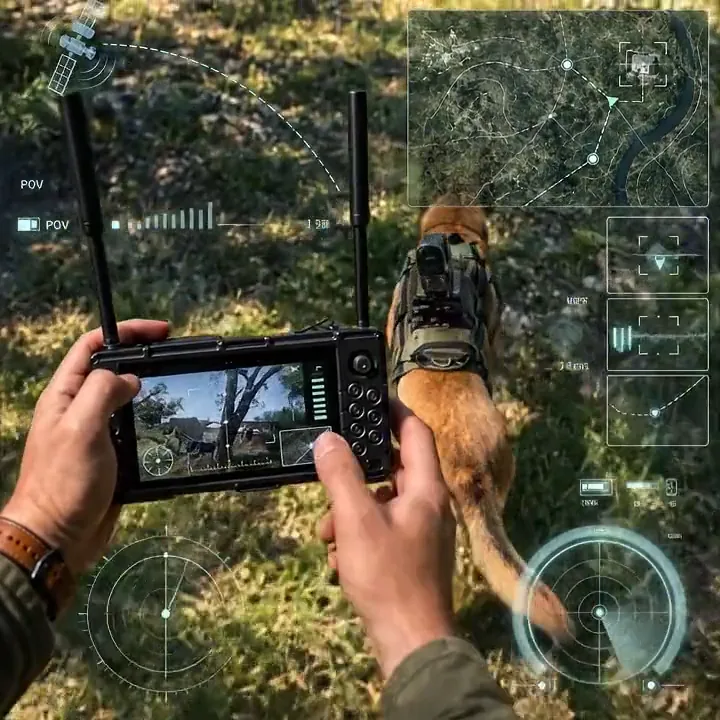 An operator watching a live feed from a camera-equipped working dog on a handheld ground station