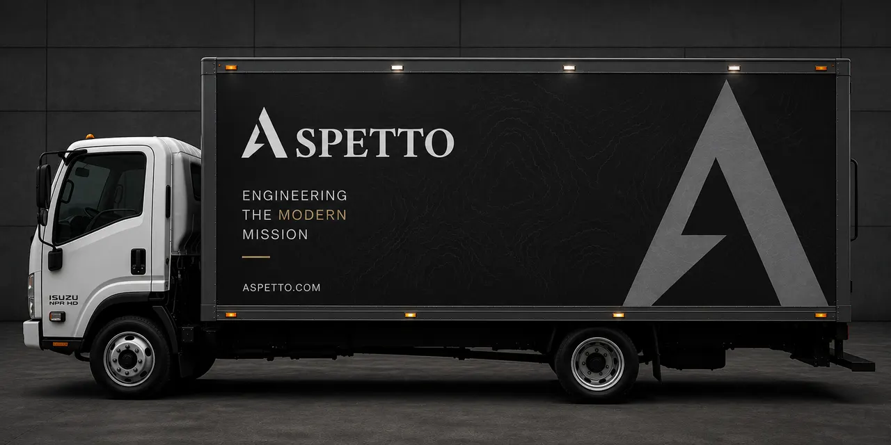 An Aspetto-branded delivery truck, its box lettered Aspetto. Engineering the Modern Mission.